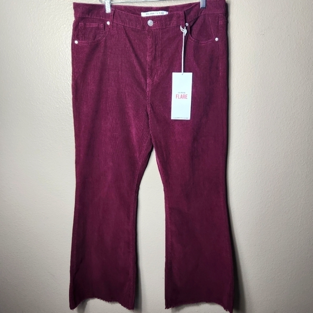 Celebrity Pink Corduroy Burgundy Hi Rise Flare Frayed Hem Pants-Size 19/34 (NWT)